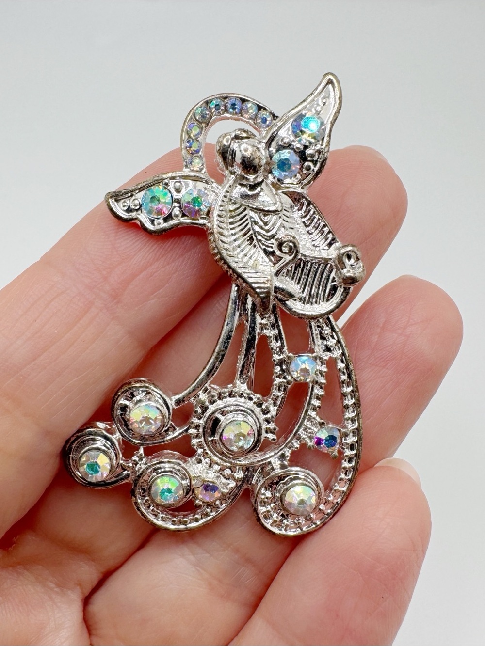 Silver-tone Angel Brooch with Multicolor Aurora Crystals
